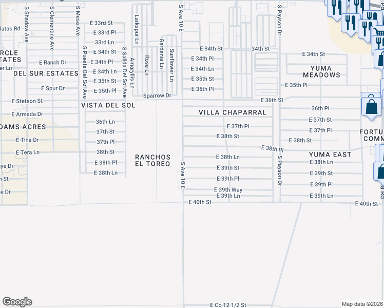 map of restaurants, bars, coffee shops, grocery stores, and more near 11250 South Avenue 10 E in Yuma