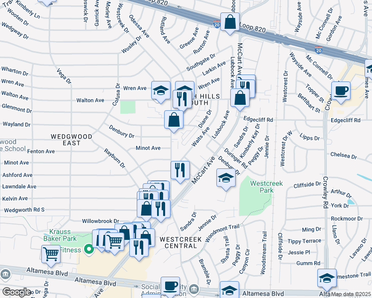 map of restaurants, bars, coffee shops, grocery stores, and more near 5932 Waits Avenue in Fort Worth