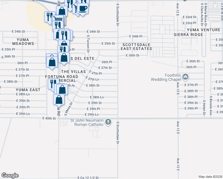 map of restaurants, bars, coffee shops, grocery stores, and more near 11462 East 38th Place in Yuma