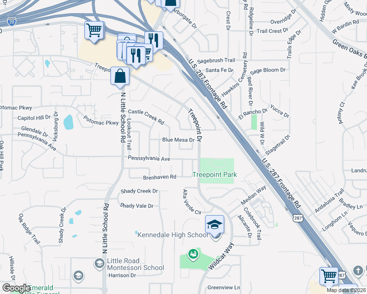 map of restaurants, bars, coffee shops, grocery stores, and more near 5417 Crested Butte Circle in Arlington