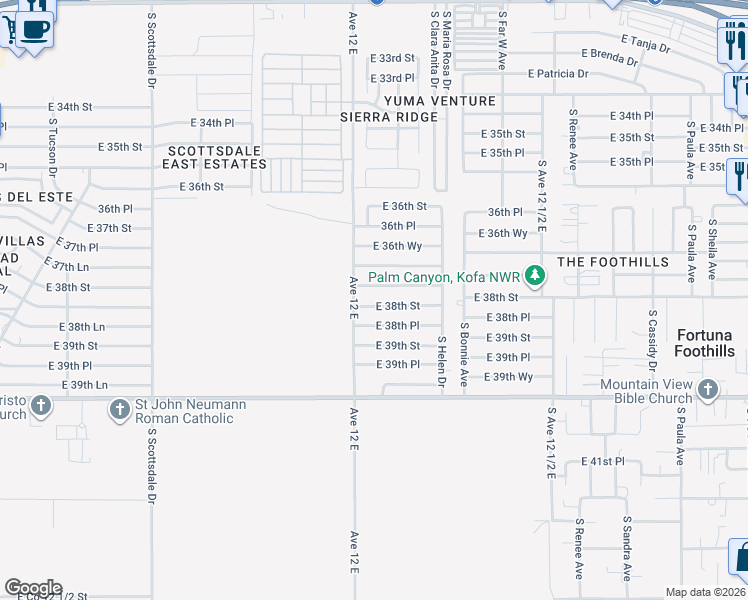 map of restaurants, bars, coffee shops, grocery stores, and more near 12000-12298 E 38th St in Yuma