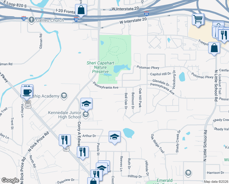 map of restaurants, bars, coffee shops, grocery stores, and more near 401 Mount Pleasant Court in Kennedale