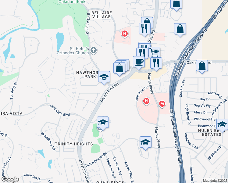 map of restaurants, bars, coffee shops, grocery stores, and more near 6201 Bryant Irvin Road in Fort Worth