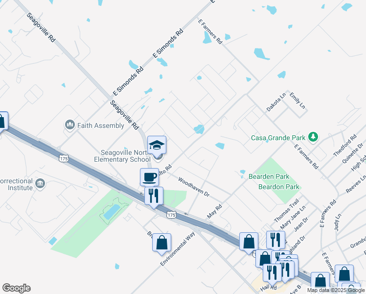 map of restaurants, bars, coffee shops, grocery stores, and more near 426 Aqueduct Drive in Seagoville
