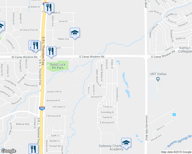 map of restaurants, bars, coffee shops, grocery stores, and more near 7315 Albert Williams Drive in Dallas