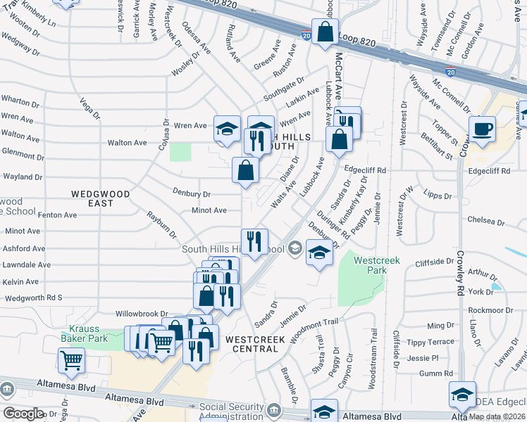 map of restaurants, bars, coffee shops, grocery stores, and more near 5932 Waits Avenue in Fort Worth