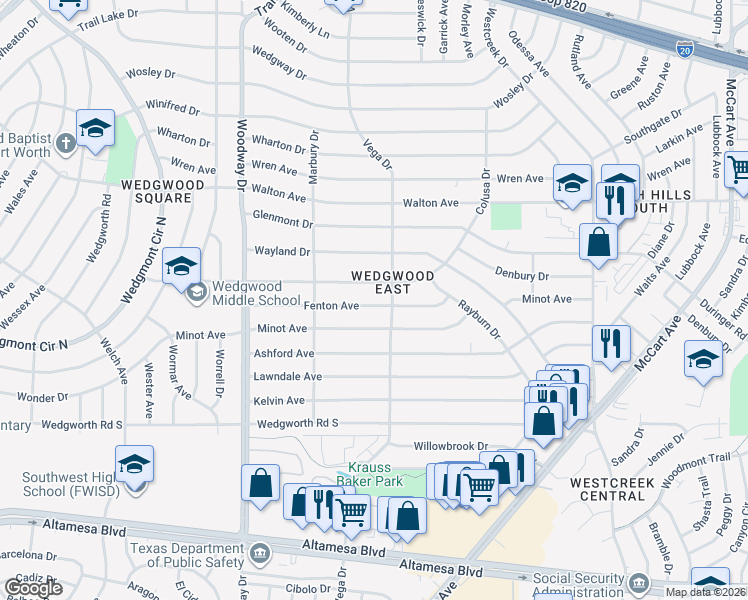 map of restaurants, bars, coffee shops, grocery stores, and more near 3704 Fenton Avenue in Fort Worth
