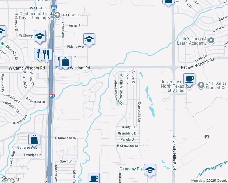 map of restaurants, bars, coffee shops, grocery stores, and more near 7315 Albert Williams Drive in Dallas