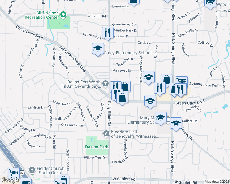 map of restaurants, bars, coffee shops, grocery stores, and more near 5329 Kelly Elliott Road in Arlington