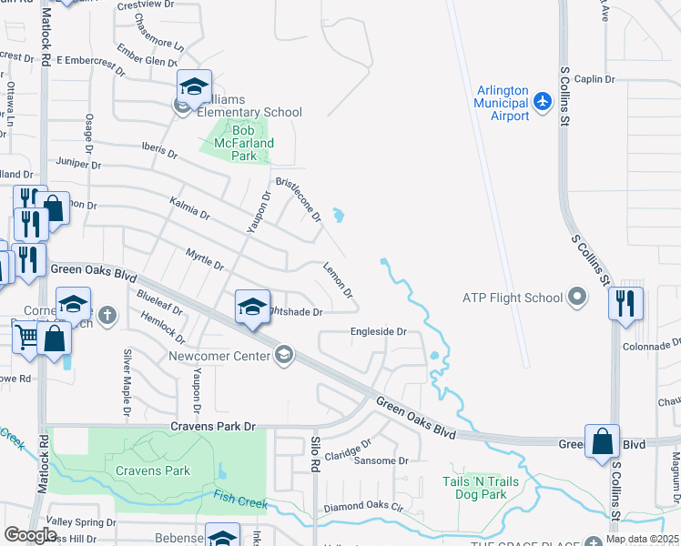 map of restaurants, bars, coffee shops, grocery stores, and more near 631 Lemon Drive in Arlington