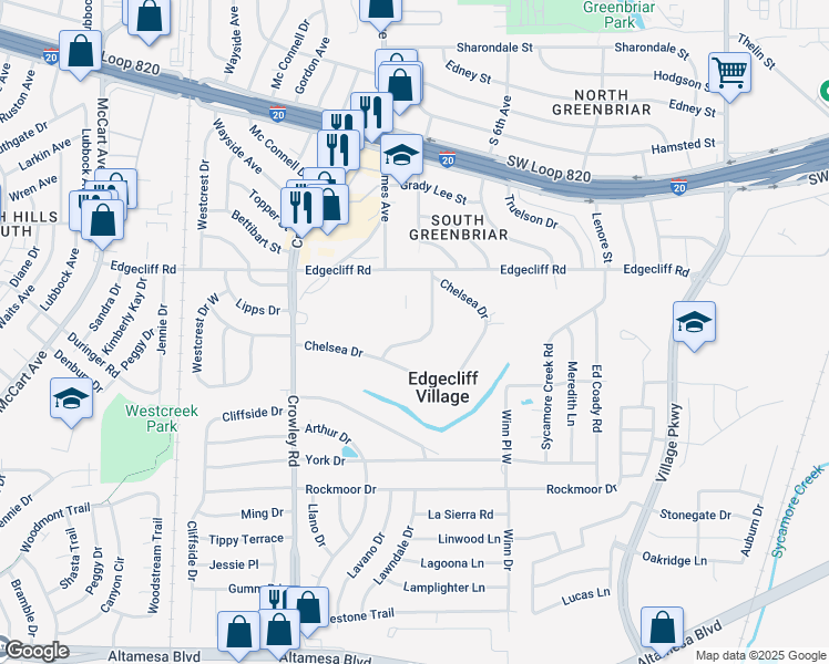 map of restaurants, bars, coffee shops, grocery stores, and more near 34 Brenton Road in Fort Worth