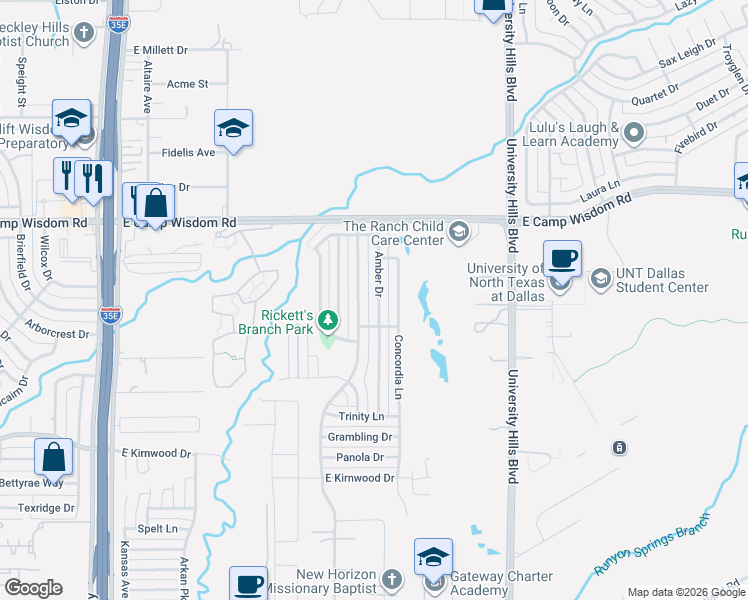map of restaurants, bars, coffee shops, grocery stores, and more near 7317 Amber Drive in Dallas