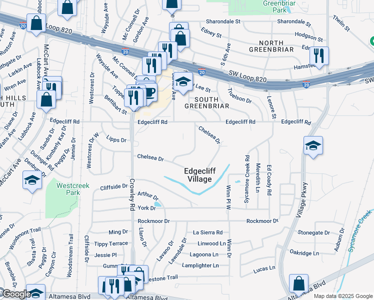 map of restaurants, bars, coffee shops, grocery stores, and more near 34 Brenton Road in Fort Worth