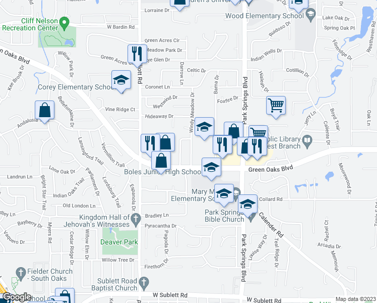 map of restaurants, bars, coffee shops, grocery stores, and more near 5400 Windy Meadow Drive in Arlington