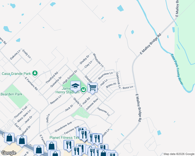 map of restaurants, bars, coffee shops, grocery stores, and more near 1301 Riverview Lane in Seagoville