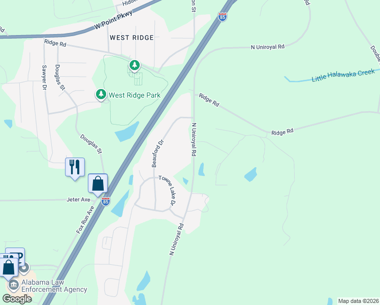 map of restaurants, bars, coffee shops, grocery stores, and more near 1100 North Uniroyal Road in Opelika