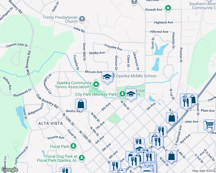 map of restaurants, bars, coffee shops, grocery stores, and more near 1206 Denson Drive in Opelika