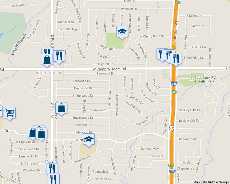 map of restaurants, bars, coffee shops, grocery stores, and more near 7323 Greenspan Avenue in Dallas
