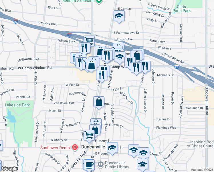 map of restaurants, bars, coffee shops, grocery stores, and more near 707 North Merrill Avenue in Duncanville