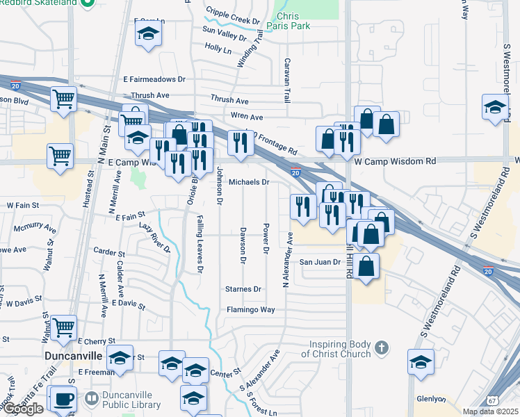 map of restaurants, bars, coffee shops, grocery stores, and more near 631 Power Dr in Duncanville