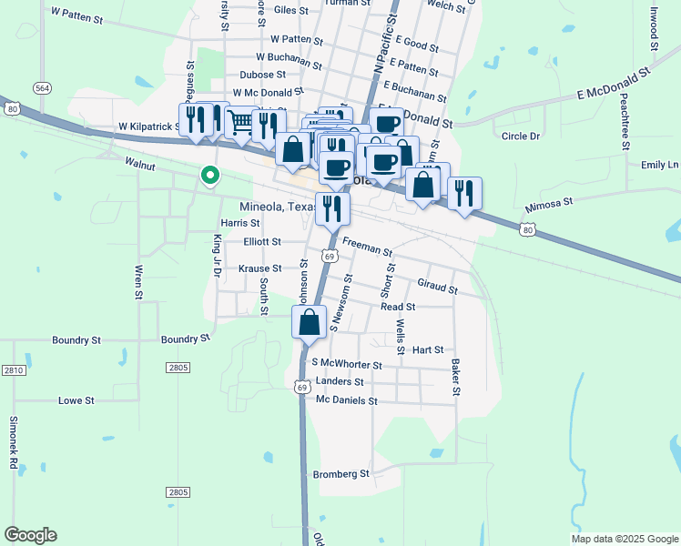 map of restaurants, bars, coffee shops, grocery stores, and more near 209 Henry Street in Mineola