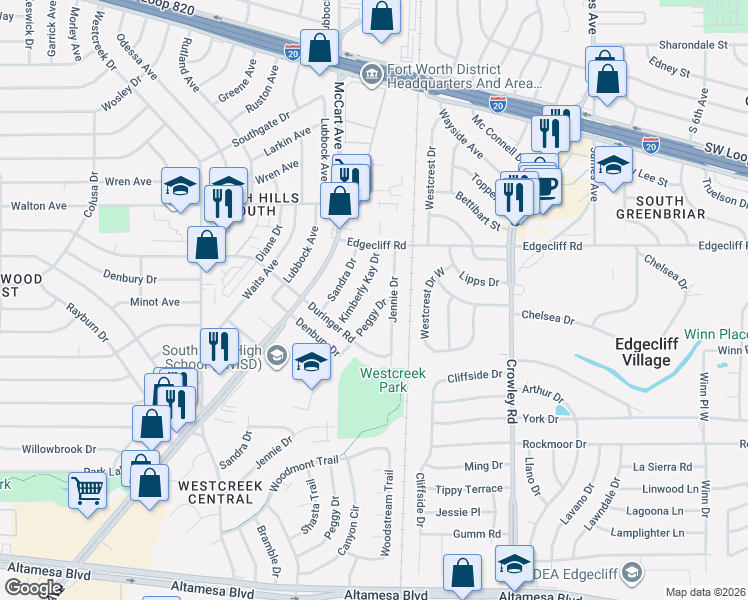 map of restaurants, bars, coffee shops, grocery stores, and more near 5908 Peggy Drive in Fort Worth