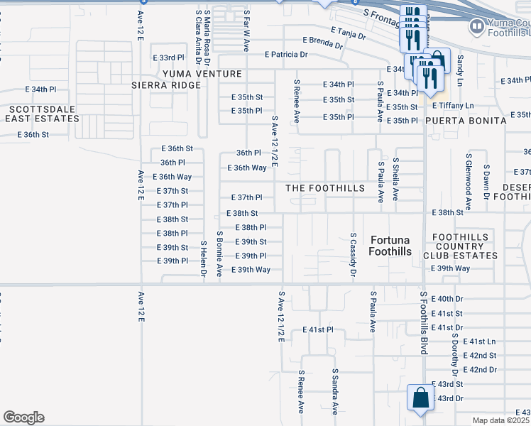 map of restaurants, bars, coffee shops, grocery stores, and more near 10604 East 38th Street in Yuma