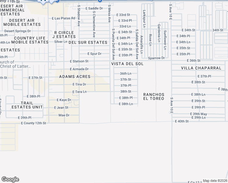 map of restaurants, bars, coffee shops, grocery stores, and more near East 38th Street in Yuma