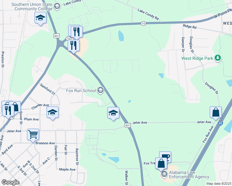 map of restaurants, bars, coffee shops, grocery stores, and more near Brookstone Drive in Opelika