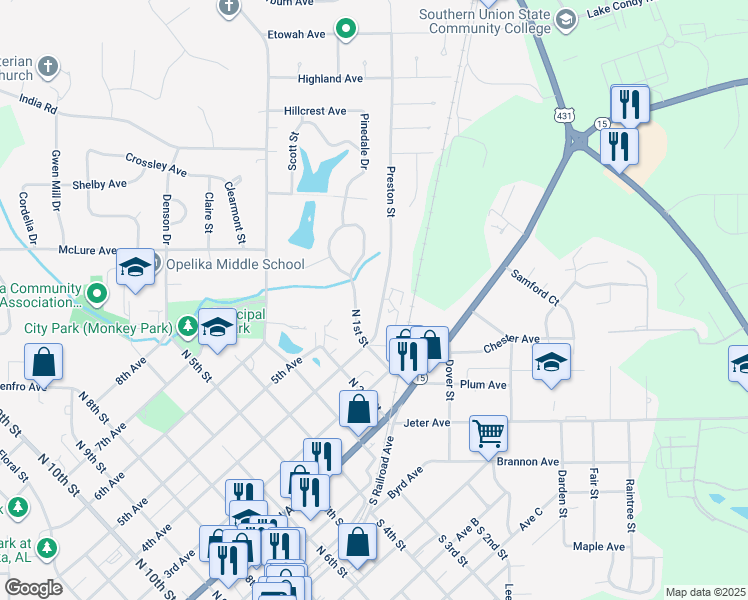 map of restaurants, bars, coffee shops, grocery stores, and more near 1101 North 1st Street in Opelika