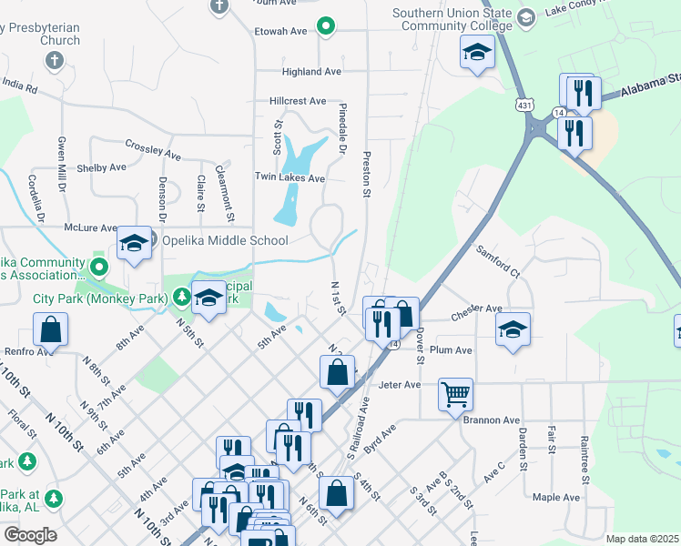 map of restaurants, bars, coffee shops, grocery stores, and more near 1101 North 1st Street in Opelika