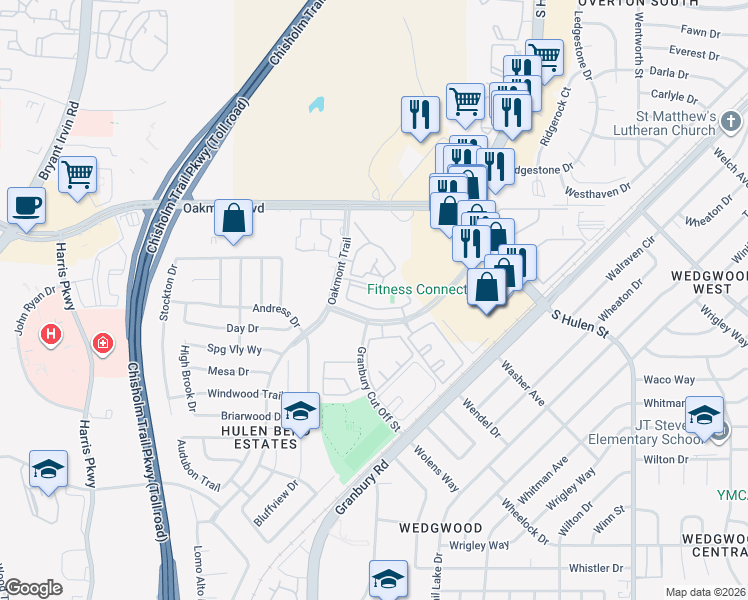 map of restaurants, bars, coffee shops, grocery stores, and more near 6500 Hulen Bend Boulevard in Fort Worth