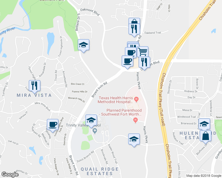 map of restaurants, bars, coffee shops, grocery stores, and more near 6201 Bryant Irvin Road in Fort Worth