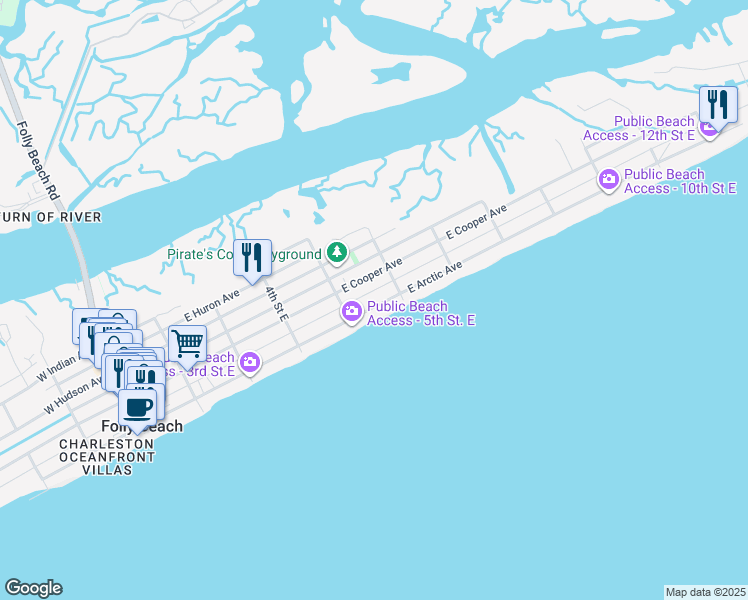 map of restaurants, bars, coffee shops, grocery stores, and more near 512 East Arctic Avenue in Folly Beach