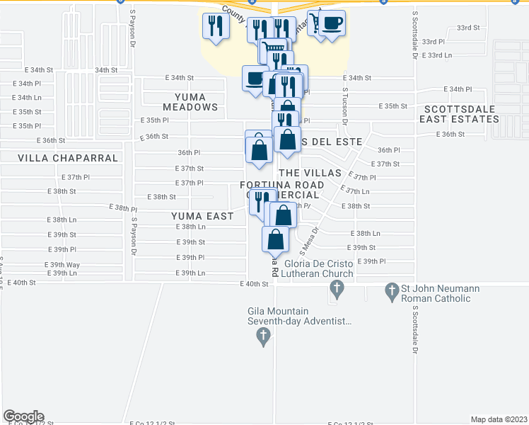 map of restaurants, bars, coffee shops, grocery stores, and more near 11651 South Prescott Avenue in Yuma