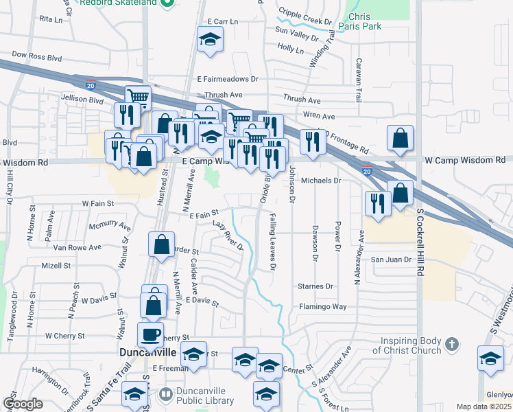 map of restaurants, bars, coffee shops, grocery stores, and more near 611 Oriole Boulevard in Duncanville