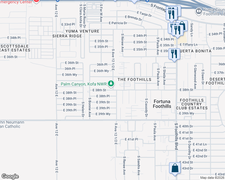 map of restaurants, bars, coffee shops, grocery stores, and more near 12222 East 38th Street in Yuma