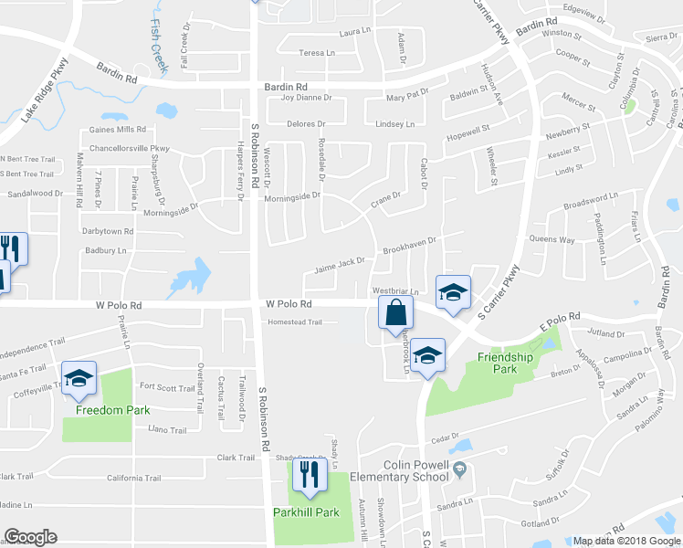 map of restaurants, bars, coffee shops, grocery stores, and more near 4534 Gildersleeve Street in Grand Prairie