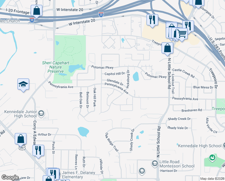 map of restaurants, bars, coffee shops, grocery stores, and more near 6706 Ijaz Dr in Arlington