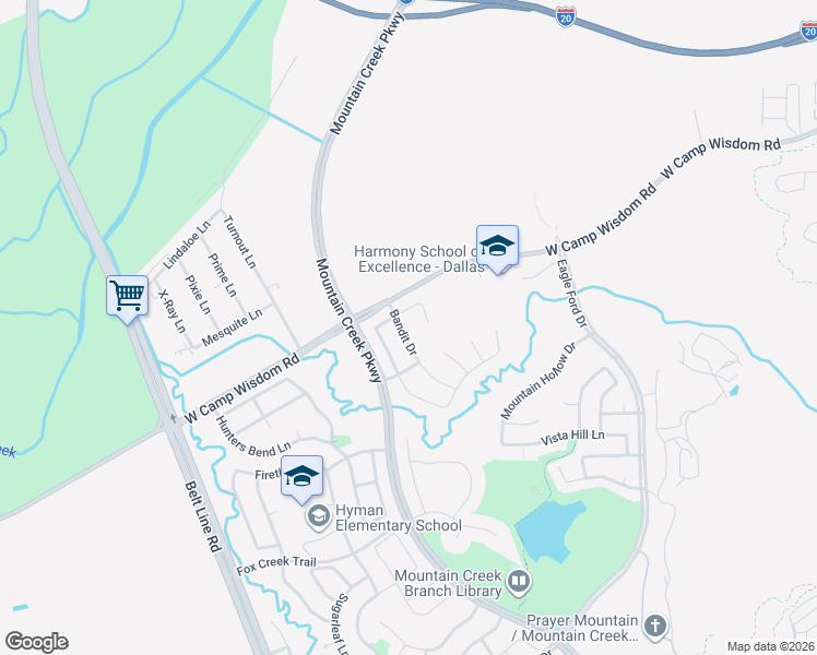 map of restaurants, bars, coffee shops, grocery stores, and more near 5512 Bandit Drive in Dallas