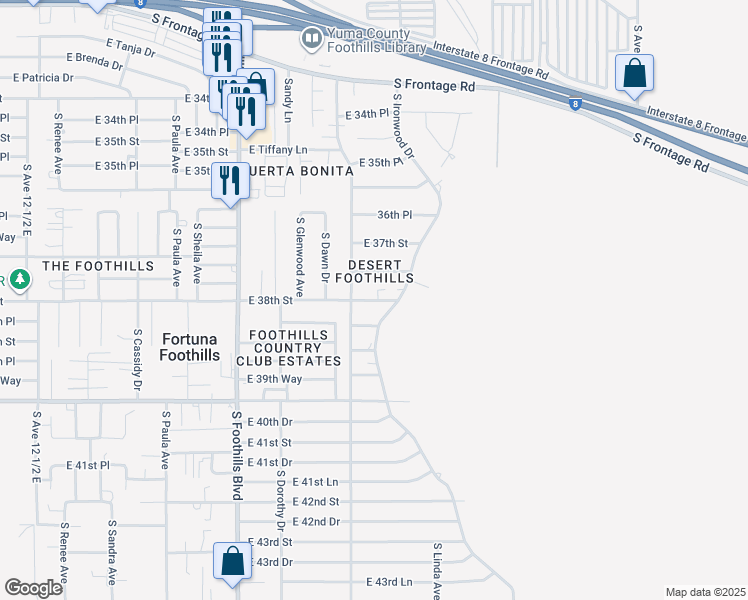 map of restaurants, bars, coffee shops, grocery stores, and more near 13399 East 38th Street in Yuma