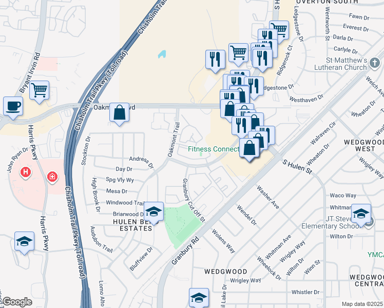 map of restaurants, bars, coffee shops, grocery stores, and more near 6500 Hulen Bend Boulevard in Fort Worth