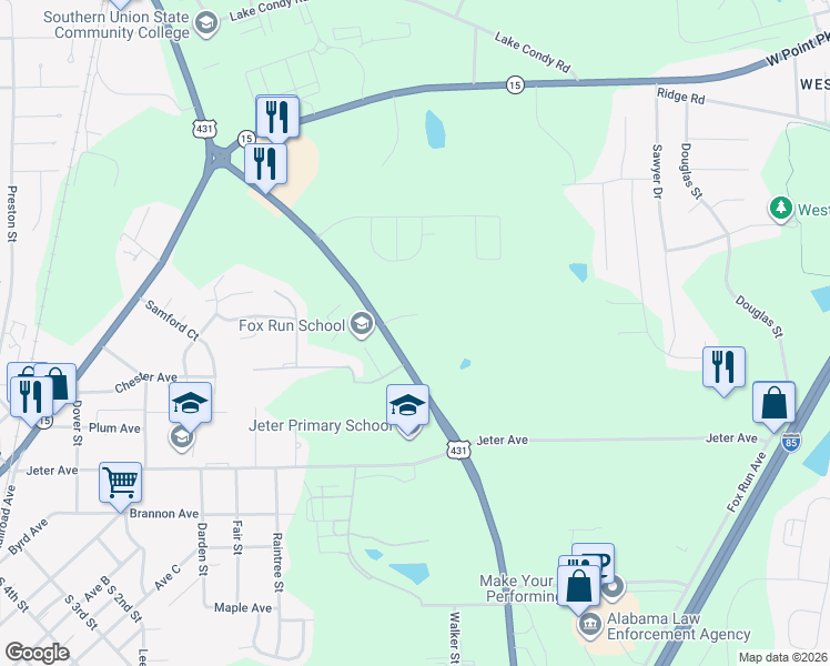 map of restaurants, bars, coffee shops, grocery stores, and more near 1001 Fox Run Parkway in Opelika