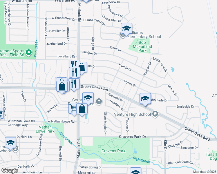 map of restaurants, bars, coffee shops, grocery stores, and more near 5318 Smoke Tree Drive in Arlington