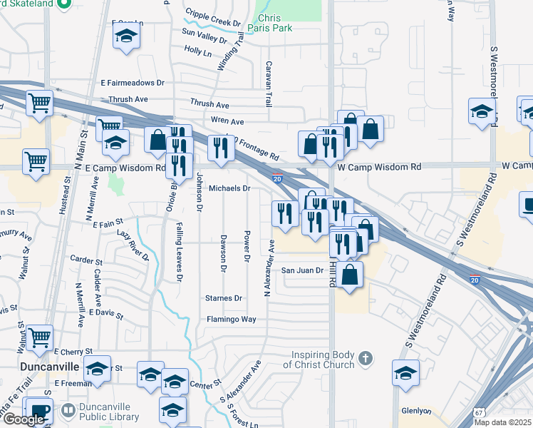 map of restaurants, bars, coffee shops, grocery stores, and more near 641 North Alexander Avenue in Duncanville