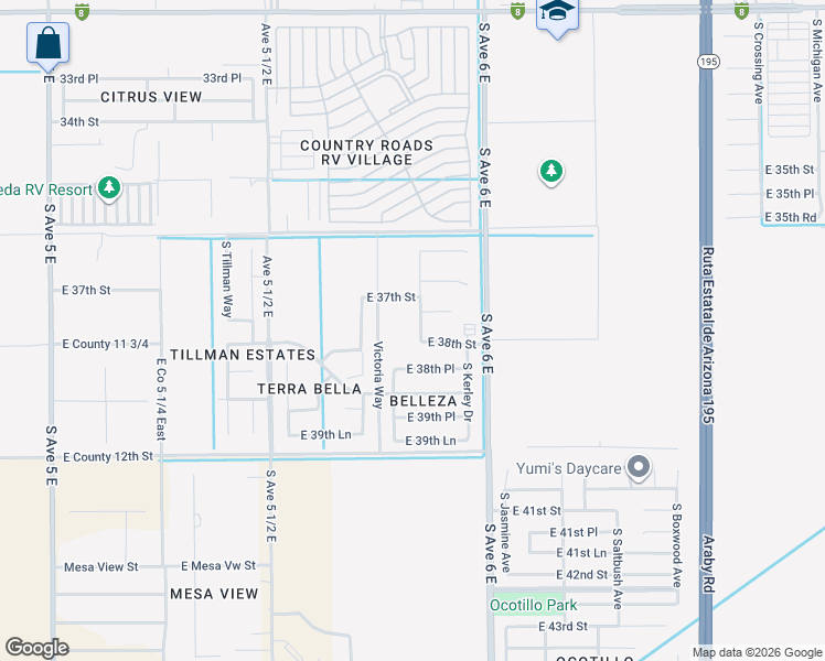 map of restaurants, bars, coffee shops, grocery stores, and more near 5866 East 38th Place in Yuma