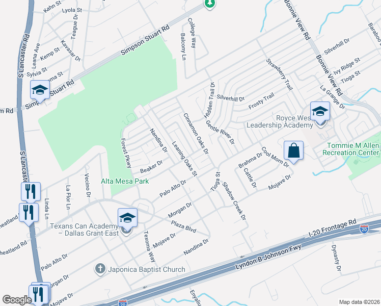 map of restaurants, bars, coffee shops, grocery stores, and more near 6499 Tumbling Creek Trail in Dallas