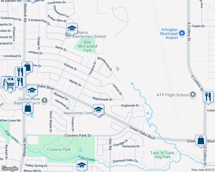 map of restaurants, bars, coffee shops, grocery stores, and more near 608 Lemon Drive in Arlington
