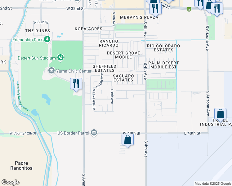 map of restaurants, bars, coffee shops, grocery stores, and more near 771 W 37th St in Yuma