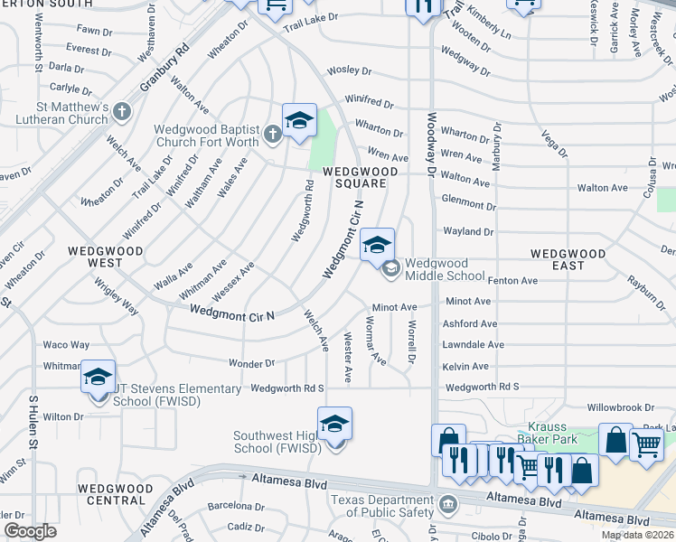 map of restaurants, bars, coffee shops, grocery stores, and more near 5709 Wedgmont Cir N in Fort Worth